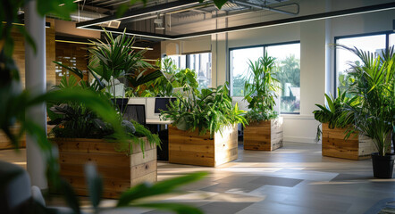 A modern office space with wooden furniture and green plants, featuring an indoor garden in the corner of one wall. The room has large windows that flood it with natural light