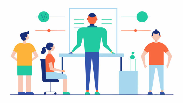 A posture assessment station where workshop attendees can identify their problem areas and learn specific exercises to target them.. Vector illustration
