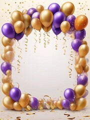 Gold and colorful festive holiday balloons frame background. Realistic 3d art. Holiday Birthday card template banner background design
