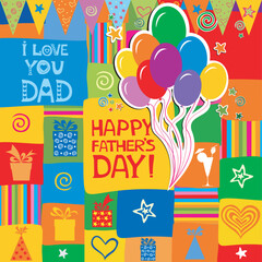 Happy Father's Day! Greeting card. Celebration blue background with gift boxes, balloon and place for your text. Vector Illustration