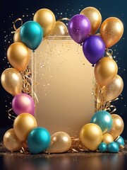 Gold and colorful festive holiday balloons frame background. Realistic 3d art. Holiday Birthday card template banner background design