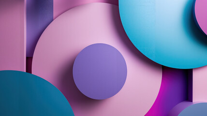 A visually engaging abstract composition featuring overlapping circles in pastel shades of pink, blue, and purple, with dynamic shadows adding depth.