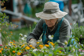 Gardening in the Sun - Practical Outdoor Wear: A senior adult gardening in their backyard, dressed in practical outdoor wear with a sun hat and gardening gloves, tending to their plants with care.