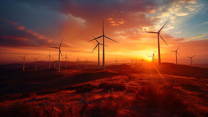 Obraz premium Majestic view of a wind farm silhouetted against a fiery sunset sky, with wind turbines spread across a rolling hillside.