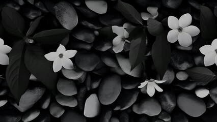 Obraz premium Dark Stones and Flowers. Dark featuring captivating stones and delicate flowers in shades of background. dark color stones and white flower background image for any kind of graphic