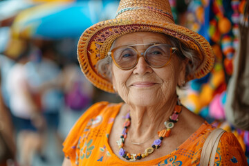 Stylish Senior Fashion: Close-up view of a senior adult shopping at an outdoor market, dressed in stylish and vibrant clothing, enjoying the hustle and bustle of the market atmosphere.