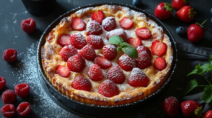 French fruit clafoutis, dusted with powdered sugar