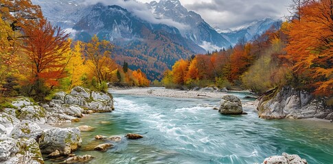 Autumn view of Soca (Isonzo) river near Kobarid (Caporetto) Slovenia. Soca River