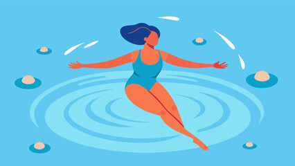 A woman floating on her back and performing arm circles in the warm pool feeling the stress melt away as she focuses on her breathing and gentle. Vector illustration
