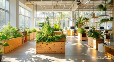 A modern office space with wooden furniture and green plants, featuring an indoor garden in the corner of one wall. The room has large windows that flood it with natural light