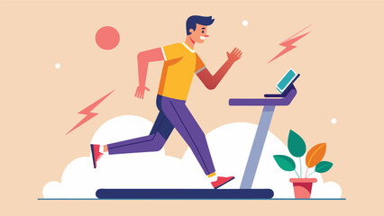 Fototapeta premium A man running on a treadmill using exercise as a form of therapy to cope with symptoms of anxiety.. Vector illustration
