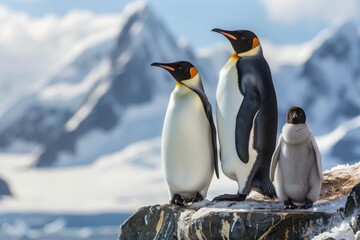 penguin family together on a snowy