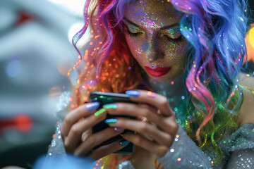 Beautiful participant of a gay pride with a cell phone, covered with glitter - Powered by Adobe