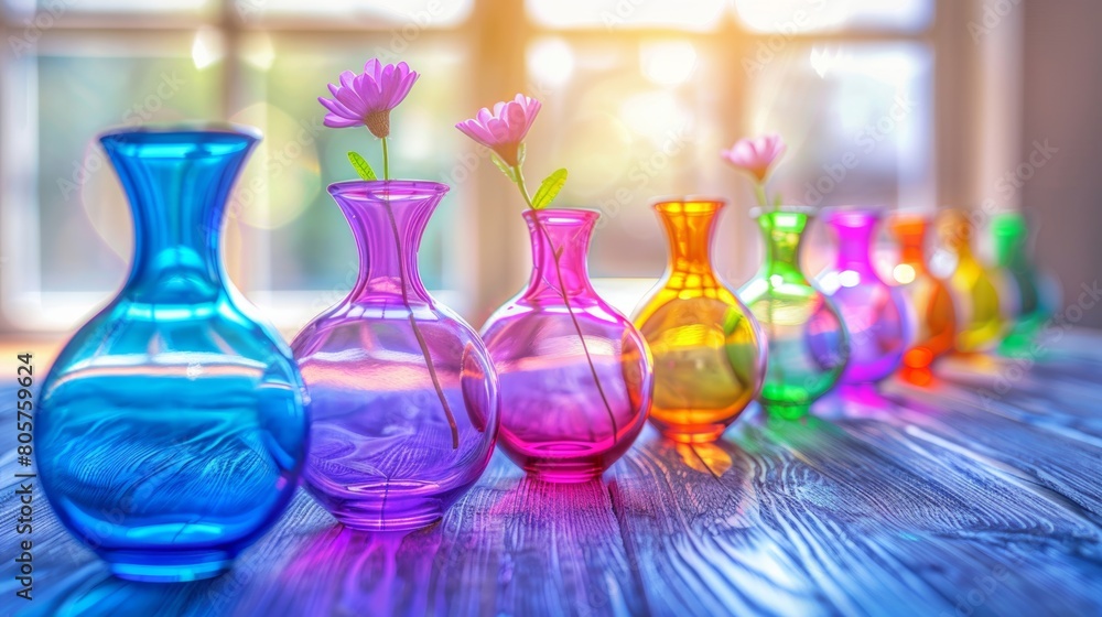Poster a row of multicolored glass vases displayed neatly on a wooden table
