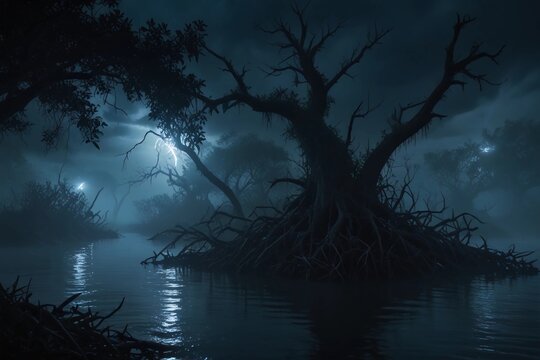A stormy night in the mangroves, with lightning illuminating the twisted branches and eerie creatures lurking in the shadows.