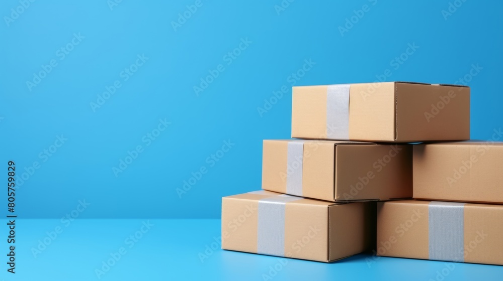 Poster a stack of empty cardboard boxes sitting on top of each other against a blue background