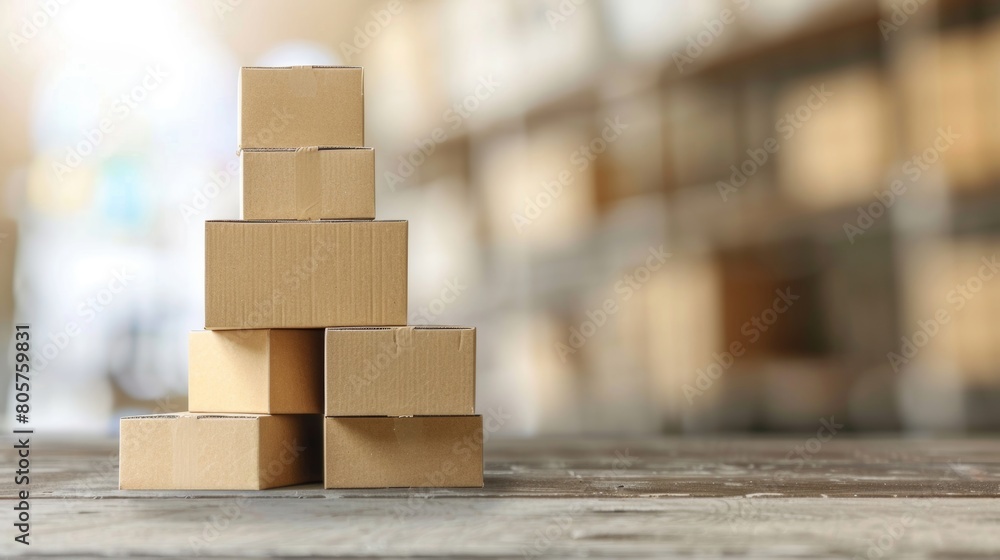 Poster a stack of cardboard boxes sits on a wooden floor. the image shows the boxes neatly arranged on top 