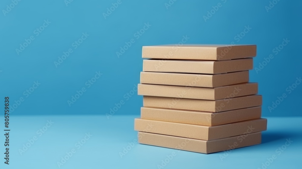 Poster a stack of empty cardboard boxes arranged neatly on a blue background
