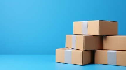 A stack of empty cardboard boxes sitting on top of each other against a blue background