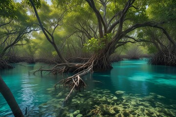 A lush mangrove forest, with twisted roots and vibrant green leaves, stretching out into the calm blue waters.