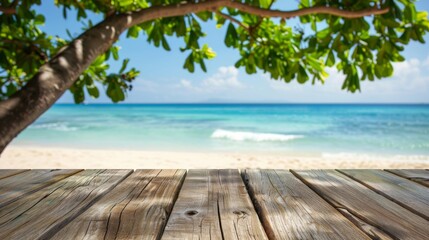 Fototapeta premium A wooden table set against a backdrop of the vast ocean with blurred summer background