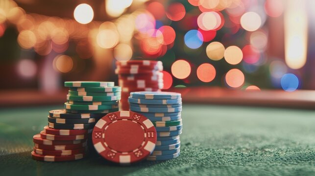 Colorful stacks of casino chips arranged on a vibrant green poker table