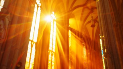 Sunlight streams through colorful stained glass windows in a church, casting vibrant hues on the interior