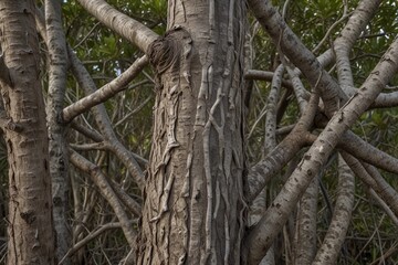 A close-up of a mangrove tree, with intricate patterns and textures on its bark and leaves, showcasing the beauty of nature's details.