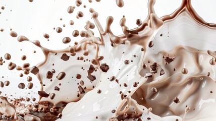 Delight in the sumptuous spectacle of liquid milk and chocolate colliding and splashing against a pure white transparent background