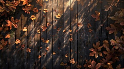 the rustic charm of a top-down view showcasing a dark wood surface adorned with a scattering of autumn leaves, 