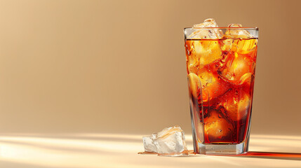 A glass filled with sparkling cola and ice cubes. 