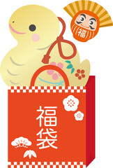 巳年　福袋　だるま　年賀2025　お正月　土鈴　巳　へび　かわいい　シンプル　広告　イラスト素材