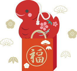 巳年　福袋　松竹梅　年賀2025　お正月　土鈴　巳　へび　かわいい　シンプル　広告　イラスト素材