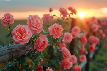 A beautiful sunset over a field of pink roses