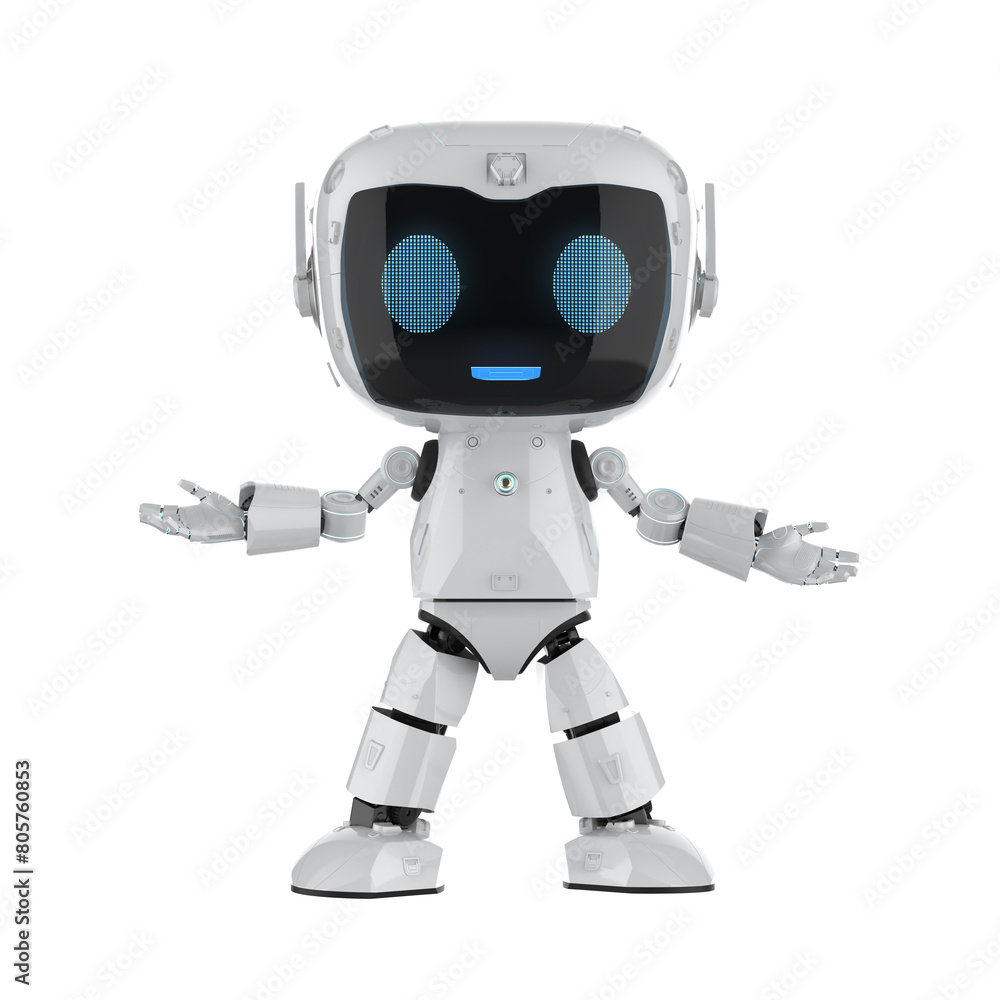 Poster cute and small artificial intelligence personal assistant robot open hand isolated