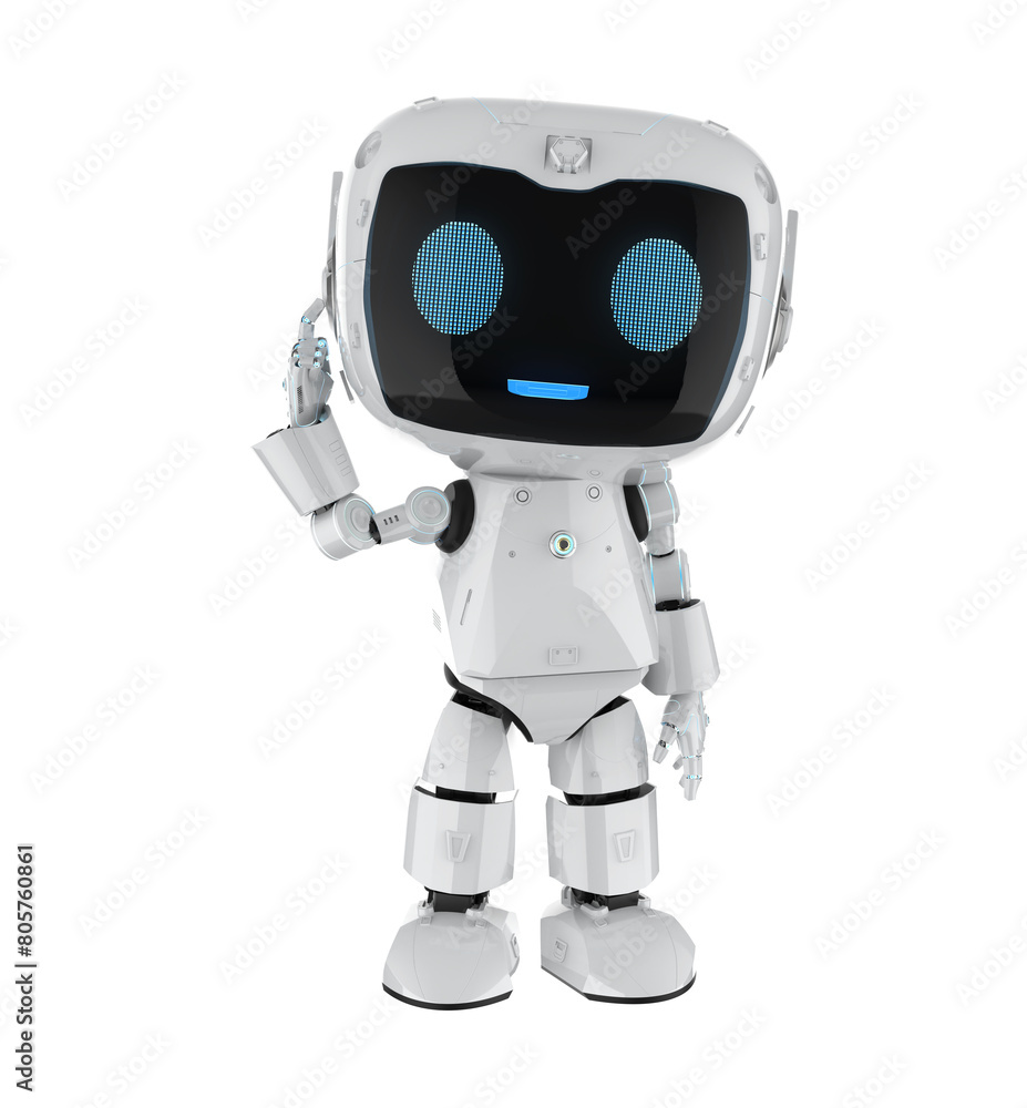 Poster cute and small artificial intelligence personal assistant robot finger point isolated