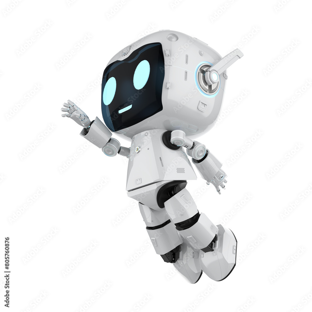 Poster cute and small artificial intelligence personal assistant robot jump isolated