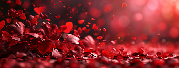 abstract red hearts and rose petals on pink background for valentines day, wedding and greeting card