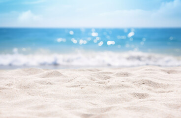 Panorama of a beautiful white sand beach and turquoise water in Maldives. Holiday summer beach background.. Wave of the sea on the sand beach.