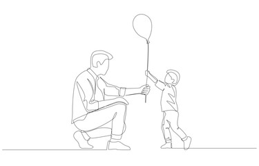 Continuous one line drawing of father giving balloon to his son, parenting concept, single line art.