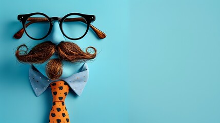 Father moustache, glasses and tie on sky blue background, copy space, father's day concept