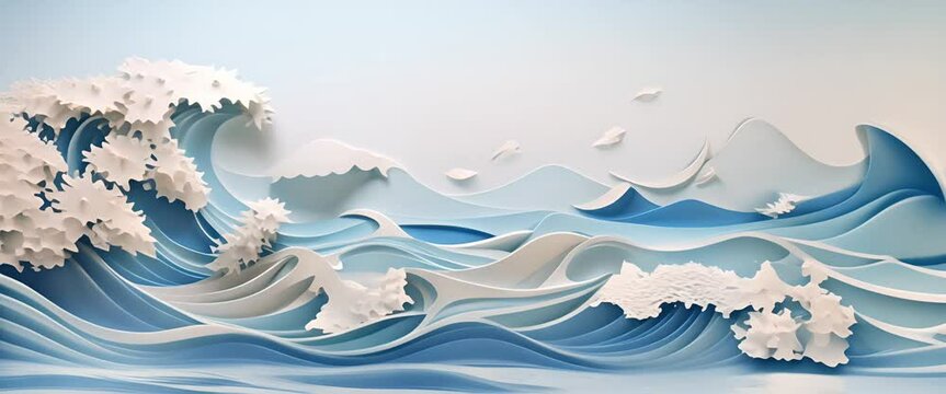 Realistic paper-cut style ocean landscape with dolphins jumping, minimalist 3D render,