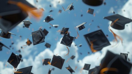 Graduation caps and tassels being tossed into the air at graduation ceremony