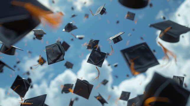Graduation caps and tassels being tossed into the air at graduation ceremony