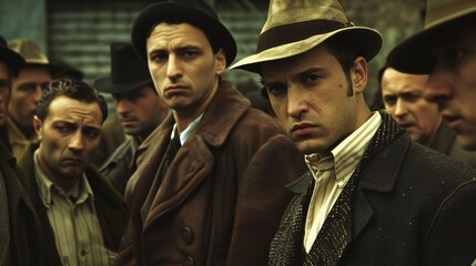 An intense standoff between rival mafia factions on the streets, with a tense atmosphere and a focus on their faces