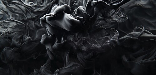 An abstract composition of swirling, black ink in water,creating a dynamic and fluid pattern that...