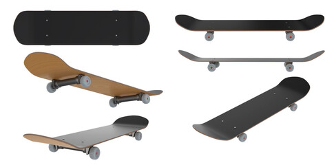Group of skateboards in various angles isolated on white background