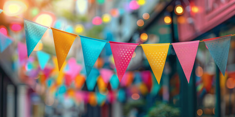 A colorful bunting banner with a blurred background serves as a party, birthday or festival concept.