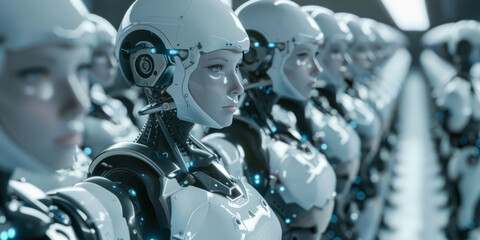 A cinematic shot shows humanoid robots in formation, wearing white and silver armor, with female human faces, looking at the camera.