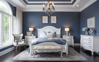 A spacious bedroom with dark wood floors, white furniture, and blue walls, featuring an elegant bed in the center of the room. The ceiling is painted light gray to complement the colors of the decor